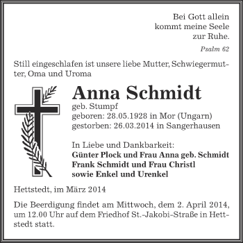 Traueranzeige von Anna Schmidt von Super Sonntag SGH Mansf. Land