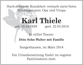 Traueranzeige von Karl Thiele von Super Sonntag SGH Mansf. Land