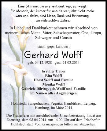 Traueranzeige von Gerhard Wolff von Super Sonntag SGH Mansf. Land