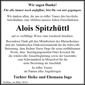 Traueranzeige von Alois Spitzhüttl von Super Sonntag Dessau / Köthen