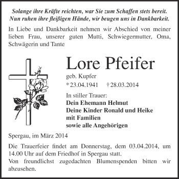 Traueranzeige von Lore Pfeifer von Super Sonntag Merseburg