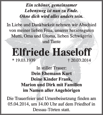 Traueranzeige von Elfriede Haseloff von Super Sonntag Dessau / Köthen