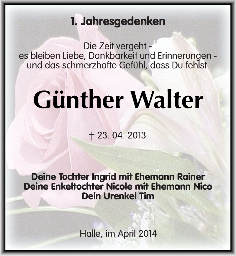  Traueranzeige für Günther Walter vom 23.04.2014 aus Mitteldeutsche Zeitung