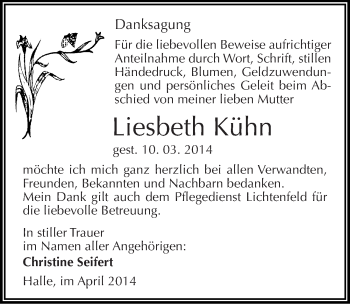 Traueranzeige von Liesbeth Kühn von Mitteldeutsche Zeitung Halle/Saalkreis