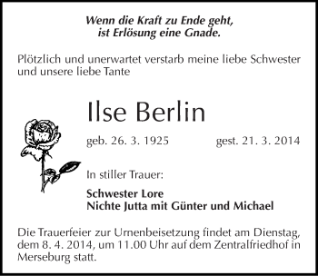 Traueranzeige von Ilse Berlin von Mitteldeutsche Zeitung Merseburg/Querfurt