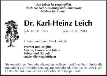 Traueranzeige von Karl-Heinz Leich von Mitteldeutsche Zeitung Merseburg/Querfurt