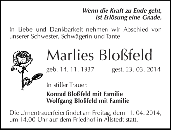 Traueranzeige von Marlies Bloßfeld von Mitteldeutsche Zeitung Sangerhausen