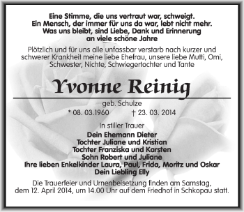 Traueranzeige von Yvonne Reinig von Mitteldeutsche Zeitung Halle/Saalkreis