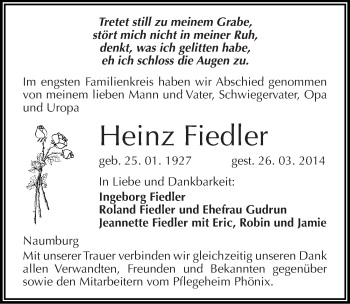 Traueranzeige von Heinz Fiedler von Mitteldeutsche Zeitung Naumburg/Nebra