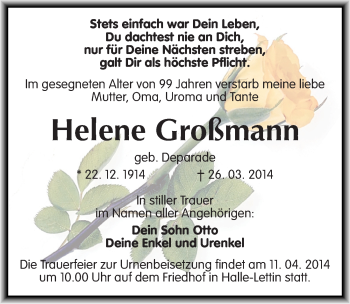 Traueranzeige von Helene Großmann von Mitteldeutsche Zeitung Halle/Saalkreis