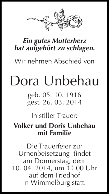 Traueranzeige von Dora Unbehau von Mitteldeutsche Zeitung Mansfelder Land