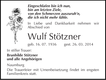Traueranzeige von Wulf Stötzner von Mitteldeutsche Zeitung Naumburg/Nebra