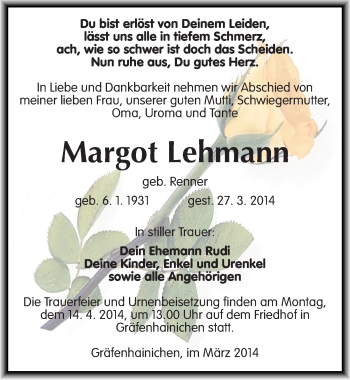Traueranzeige von Margot Lehmann von Mitteldeutsche Zeitung Wittenberg