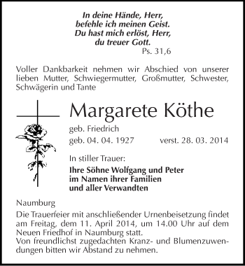 Traueranzeige von Margarete Köthe von Mitteldeutsche Zeitung Naumburg/Nebra