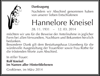 Traueranzeige von Hannelore Kneisel von Mitteldeutsche Zeitung Mansfelder Land