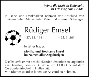 Traueranzeige von Rüdiger Emsel von Mitteldeutsche Zeitung Halle/Saalkreis