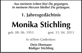 Traueranzeige von Monika Stichling von Mitteldeutsche Zeitung Halle/Saalkreis