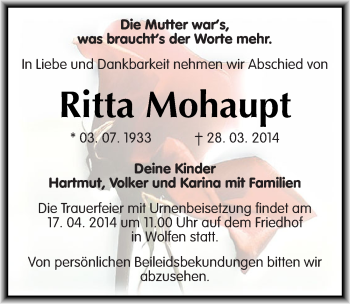 Traueranzeige von Ritta Mohaupt von Mitteldeutsche Zeitung Bitterfeld