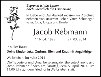 Traueranzeige von Jacob Rebmann von Mitteldeutsche Zeitung Mansfelder Land