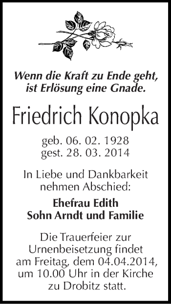 Traueranzeige von Friedrich Konopka von Mitteldeutsche Zeitung Halle/Saalkreis