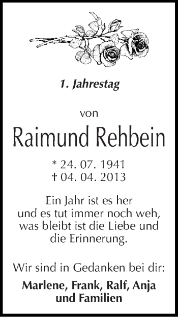 Traueranzeige von Raimund Rehbein von Mitteldeutsche Zeitung Halle/Saalkreis