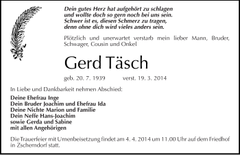 Traueranzeige von Gerd Täsch von Mitteldeutsche Zeitung Bitterfeld
