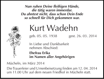 Traueranzeige von Kurt Wadehn von Mitteldeutsche Zeitung Merseburg/Querfurt