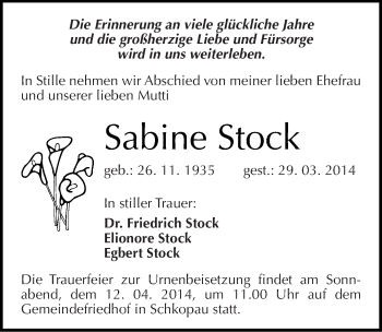 Traueranzeige von Sabine Stock von Mitteldeutsche Zeitung Merseburg/Querfurt