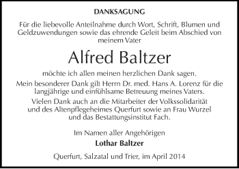 Traueranzeige von Alfred Baltzer von Mitteldeutsche Zeitung Merseburg/Querfurt