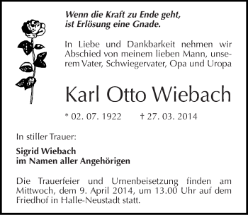 Traueranzeige von Karl Otto Wiebach von Mitteldeutsche Zeitung