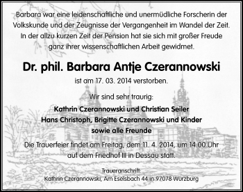 Traueranzeige von Barbara Antje Czerannowski von Mitteldeutsche Zeitung Dessau-Roßlau