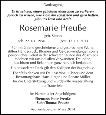 Traueranzeige von Rosemarie Preuße von Mitteldeutsche Zeitung Aschersleben