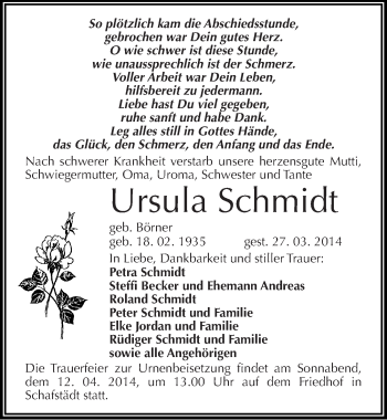 Traueranzeige von Ursula Schmidt von Mitteldeutsche Zeitung Merseburg/Querfurt