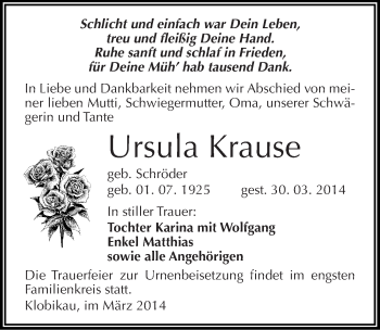 Traueranzeige von Ursula Krause von Mitteldeutsche Zeitung Merseburg/Querfurt