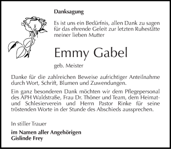 Traueranzeige von Emmy Gabel von Mitteldeutsche Zeitung Dessau-Roßlau