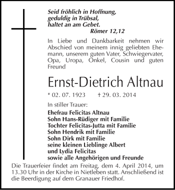 Traueranzeige von Ernst-Dietrich Altnau von Mitteldeutsche Zeitung Halle/Saalkreis