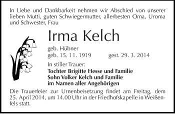 Traueranzeige von Irma Kelch von Mitteldeutsche Zeitung Weißenfels