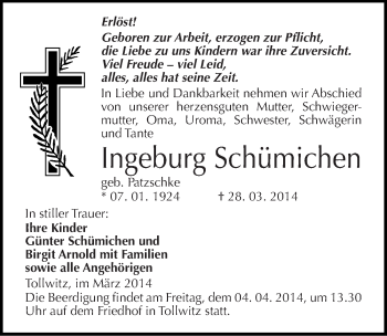Traueranzeige von Ingeburg Schümichen von Mitteldeutsche Zeitung Weißenfels