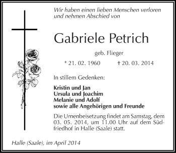 Traueranzeige von Gabriele Petrich von Mitteldeutsche Zeitung Halle/Saalkreis