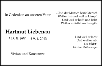 Traueranzeige von Hartmut Liebenau von Mitteldeutsche Zeitung Quedlinburg
