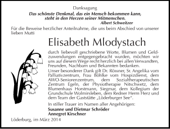 Traueranzeige von Elisabeth Mlodystach von Mitteldeutsche Zeitung Bernburg