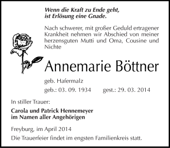 Traueranzeige von Annemarie Böttner von Mitteldeutsche Zeitung Naumburg/Nebra