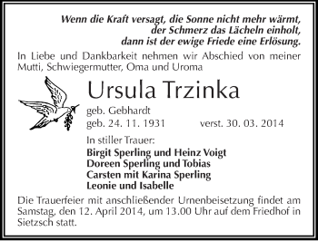 Traueranzeige von Ursula Trzinka von Mitteldeutsche Zeitung Halle/Saalkreis