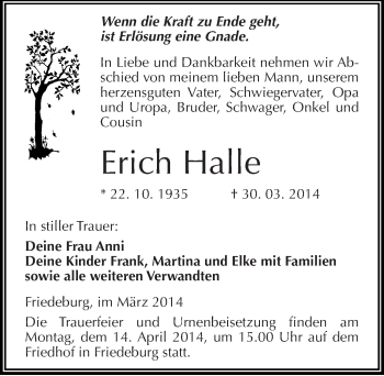 Traueranzeige von Erich Halle von Mitteldeutsche Zeitung Mansfelder Land
