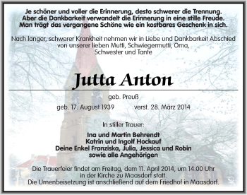 Traueranzeige von Jutta Anton von Mitteldeutsche Zeitung Köthen