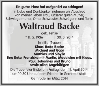 Traueranzeige von Waltraud Backe von Mitteldeutsche Zeitung Quedlinburg
