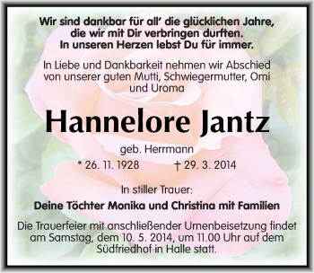 Traueranzeige von Hannelore Jantz von Mitteldeutsche Zeitung Halle/Saalkreis