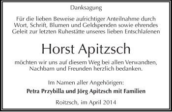 Traueranzeige von Horst Apitzsch von Mitteldeutsche Zeitung Bitterfeld