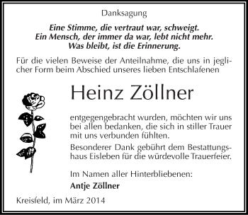 Traueranzeige von Heinz Zöllner von Mitteldeutsche Zeitung Mansfelder Land