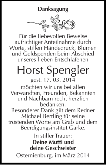 Traueranzeige von Horst Spengler von Mitteldeutsche Zeitung Köthen